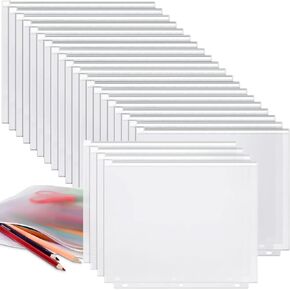 Zonon 30 Pcs Binder Pockets 3 Holes Zipper Binder Pouch Letter Size Zippered Pouches Clear PVC 3 Ring Binder Bag Folders Filing Bags for Loose Leaf Document (Transparent)