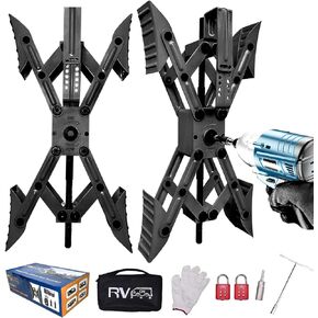 RVPNR Camper مثبت شوكة العجلة على شكل X، مقص شوكة عجلة مثبت RV، مثبت عجلة X Chocks لمقطورة السفر يسمح بضبط المثقاب بمقبس سداسي، ومجموعة أدوات وأقفال كلمة المرور - أسود