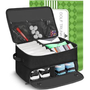 2 Layer Golf Trunk Organizer, Waterproof Car Golf Locker for 2 Pair Shoes, Durable Golf Trunk Storage for Balls, Tees, Clothes, Gloves, Accessories, Golf Gifts