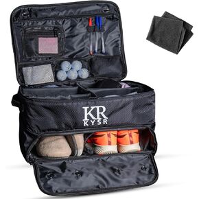 Golf Trunk Organizer With Golf Club Cleaner, Two Layer Vented Organizer, Separate Shoe Compartment, Durable Golf Trunk Storage Locker for Balls, Tees, Clothes, Gloves, Accessories, Golf Gifts