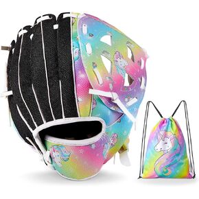 FIODAY Kids Baseball Glove 8.5-9.5 inch Unicorn Softball Glove for Girls Baseball Mitts with Drawstring Bag Tee Ball Glove for Training and Beginner Play, Left Hand Glove Right Hand Throw