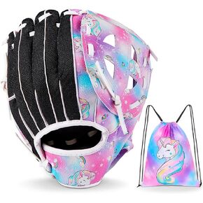 FIODAY Kids Baseball Glove 8.5-9.5 inch Unicorn Softball Glove for Girls Baseball Mitts with Drawstring Bag Tee Ball Glove for Training and Beginner Play, Left Hand Glove Right Hand Throw