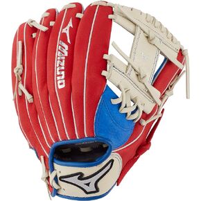 قفازات البيسبول Mizuno للجنسين في سن المراهقة GPP1100Y3MEC Prospect Series PowerClose، 11 بوصة، اليد اليسرى، أحمر/كريمي/Royal Deep III Web، عدد 1 (عبوة من 1)