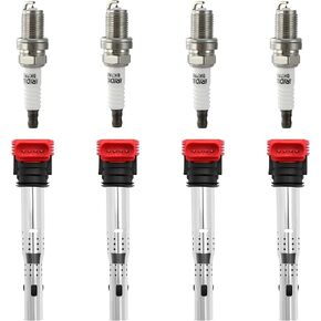 Piodelo 4 Ignition Coil and Lridium Spark Plugs UF575 Compatible with Audi Volkswagen A3 A4 Allroad A5 A6 Q5 TT CC Beetle GTI Eos Passat Jetta Golf Rabbit Jetta L4 2.0L 4.2L V8