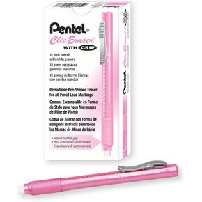 Pentel Clic Eraser Grip, Retractable Eraser, Pink Barrel, Box of 12 (ZE22P)