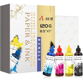 A-SUB Sublimation Starter Kit with Sublimation Paper and Sublimation Ink, 120g Sublimation Paper 8.5X11 Inch and 480ML CMYK Sublimation Ink Bundle Kit for Heat Transfer on Tumblers, T-shirt, Mugs, etc