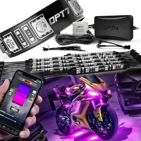OPT7 Aura Pro Motorcycle LED Light Kit Smart Brake, RGB Multi-Color Bike Underglow Neon Light Bluetooth APP, Motorcycle Under Glow Strips Switch for Cruisers, 10pc, IP67 Waterproof 12V, iOS Android