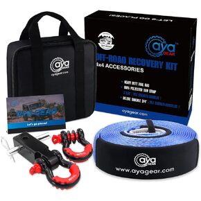 AYA Gear Off Road Recovery Gold Kit | 3" x30' (35,000 lbs) 100% Nylon Tow Strap + 2" Shackle Hitch Receiver + 3/4 Shackles (2pcs) with Isolator +Storage Bag| Recovery Gear Combos 4x4 Winch Accessory
