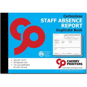Cherry Staff Absence Report for Schools 3pt (5.8 inches x 8.3 inches) 50 Triplicate Copies per Book