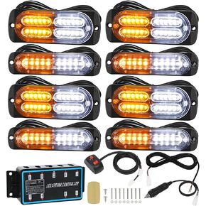 LINKITOM 8pcs Ultra Slim Sync Feature Car Truck Surface Mount Emergency Hazard Warning Strobe light with Strobe Controller and Wiring Harness (Amber & White)