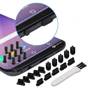 Universal 25pc Charging Port Cover Set, Compatible with iPhone, USB-C, Android, Micro USB, Tablets - Includes Headset Plugs, SIM Tool & Cleaning Brush (Black)