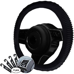 Direct Silicone Auto Car Steering Wheel Cover 13"-15" / 33-38cm, with 4 pcs Air Vent Hook - Tire Pattern, Black
