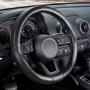 SEG Direct Car Steering Wheel Cover Universal Standard-Size 14 1/2"-15" Leather with Carbon Fiber Pattern Black