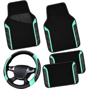 CAR PASS Leather Steering Wheel Cover and Waterproof Car Floor Mats,Microfiber Universal Car Combo Fit for 95% Sedan,SUV,Cars,14.5-15inch Sporty Anti-Slip Safety Comfortable Design(Black＆Red)
