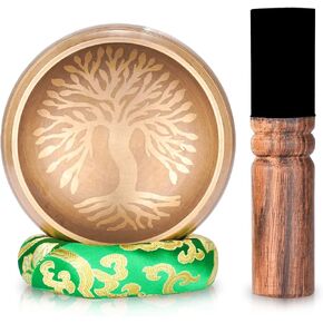 Tibetan Singing Bowl Set - Himalayan Meditation Sound Bowl Proudly Handcrafted in Nepal for Yoga, Relaxation, Mindfulness, Stress Relief, Chakra Healing - Four Buddha 4.8"