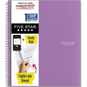 Five Star Spiral Notebook Plus Study App, 1 Subject, College Ruled Paper, 100 Sheets, 8-1/2" x 11", School, Black (72057)