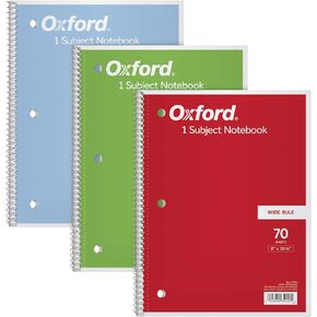 Oxford 1-Subject Notebooks, 8" x 10-1/2", Wide Rule, 70 Sheets, 3 Pack, Color Assortment May Vary (65029)