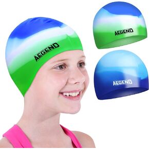 Aegend 2 Pack Kids Swim Cap for Age 4-12, Durable Silicone Swimming Cap for Boys Girls Youths, Comfortable Fit for Long/Short Hair, 3 Colors