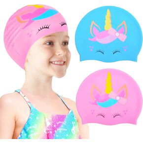 2 pcs Kids Swim Cap Silicone Swimming Cap for Boys Girls (Age 3-12) Cover Ears Waterproof Bathing Cap Keep Hair Dry Swimming Hat for Hair