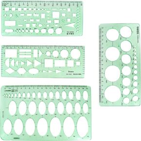 BronaGrand 4pcs Plastic Measuring Templates Drafting Drawing Stencils Geometric Rulers for Office and School, Building Formwork(Clear Green)