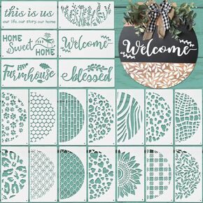 20 Pcs Welcome Stencils for Painting on Wood 11.81 x 5.91'' Large Welcome Letters Stencils Half Round Stencils for Wood Sign Plastic Word Farmhouse Stencils for Canvas Wall (Wild Flower)