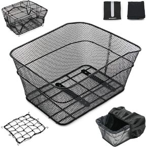 Rear Bike Basket, Bike Basket Rear with 2 Rainproof Covers and Cargo Net, Metal Bike Basket Rear with Reflective Waterproof Cover and Bicycle Rear Basket Lining,WOOFOPT Bike Rack Basket