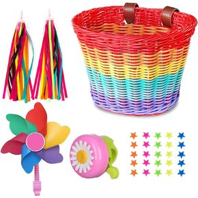 Bicycle Basket for Girls, Adjustable Front Handlebar Bike Basket with Bike Streamers Set Bell/Bicycle Windmill/Bicycle Wheel Beads DIY Bike Decoration Accessories Kit Gift