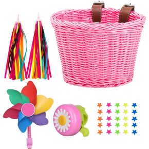 Bicycle Basket for Girls, Adjustable Front Handlebar Bike Basket with Bike Streamers Set Bell/Bicycle Windmill/Bicycle Wheel Beads DIY Bike Decoration Accessories Kit Gift