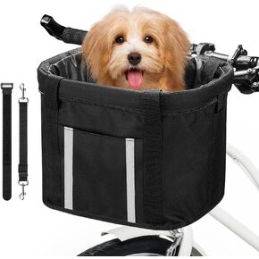 ANZOME Upgraded Dog Carrier Bike Basket, Detachable Handlebar Front Basket with Reflective Stripes and Adjustable Dog Seatbelts for Safe Night Riding and Convenient Detachable Use
