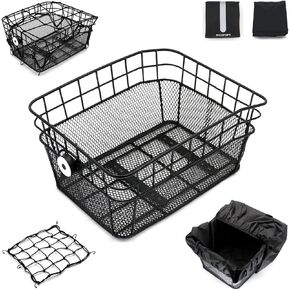 سلة الدراجة الخلفية مع 2 أغطية مقاومة للمطر وإضاءة خلفية وشبكة شحن مقاومة للماء من الأسلاك المعدنية لسلة الدراجة الخلفية تناسب معظم حامل الدراجة الخلفية سلة خلفية للدراجة WOOFOPT in Kuwait