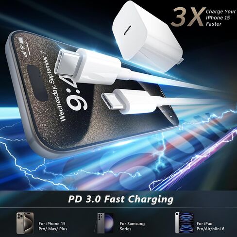 iPhone 15 Charger,20W USB C Fast Charging Block for iPad Pro/iPad/Air/Mini 6,2Pack Type C Wall Charger with 6FT C to C Cable for iPhone 15/Plus/Pro/Max (White) in Saudi Arabia