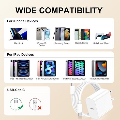 iPhone 15 Charger,20W USB C Fast Charging Block for iPad Pro/iPad/Air/Mini 6,2Pack Type C Wall Charger with 6FT C to C Cable for iPhone 15/Plus/Pro/Max (White) in Saudi Arabia