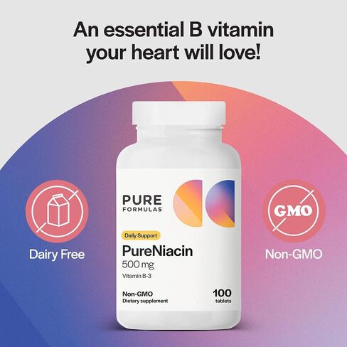 PureFormulas Pure Niacin - Vitamin B3, 500 mg Immediate Release Niacin 500mg - Nicotinic Acid 100 Tablets - Non-GMO B3 Vitamins Niacin Supplement in Saudi Arabia