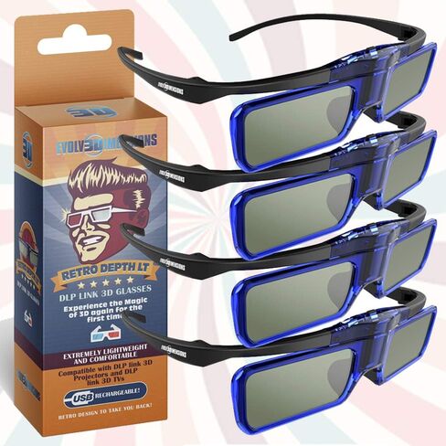 نظارات RetroDepth LT خفيفة الوزن قابلة لإعادة الشحن DLP Link ثلاثية الأبعاد لجميع أجهزة العرض DLP ثلاثية الأبعاد (Benq، Optoma، Acer، Vivitek، Dell Etc) من Evolv3Dimensions (4 عبوات) in Saudi Arabia