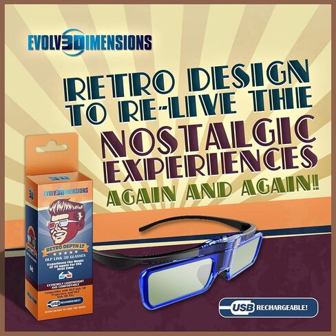 نظارات RetroDepth LT خفيفة الوزن قابلة لإعادة الشحن DLP Link ثلاثية الأبعاد لجميع أجهزة العرض DLP ثلاثية الأبعاد (Benq، Optoma، Acer، Vivitek، Dell Etc) من Evolv3Dimensions (4 عبوات) in Saudi Arabia
