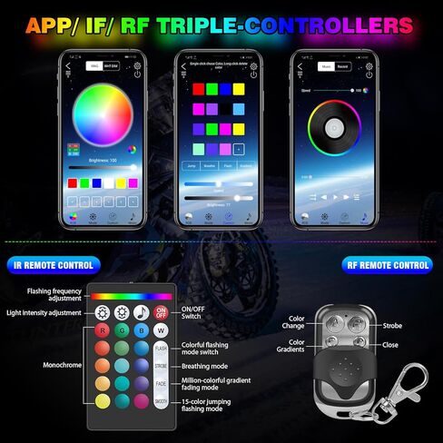 【مخزون واضح】 مجموعة من 18 مجموعة إضاءة LED للدراجات النارية مع تطبيق/RF/IR، شرائط إضاءة مصباح النيون المتوهج 12 فولت مع إشارة الانعطاف L&R/تحذير/فرامل in Kuwait