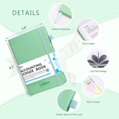 سجل المحاسبة دفتر الأستاذ المحاسبة للأعمال الصغيرة والاستخدام الشخصي - دفتر تعقب الحساب غلاف فني لتتبع الأموال والنفقات والودائع والتوازن - 5.8X 8.3 "، أخضر in Kuwait