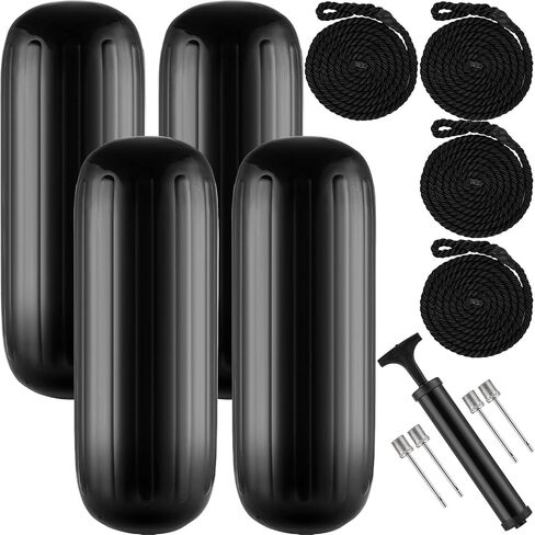 Boat Fenders 4 Pack 10 x 28 Inches Ribbed Center Hole Boat Fenders Bumpers for Docking, Comes with 4 Lines and Pump to Inflate in Saudi Arabia