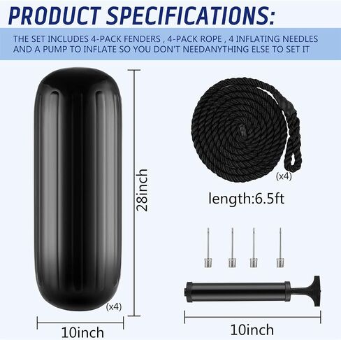 Boat Fenders 4 Pack 10 x 28 Inches Ribbed Center Hole Boat Fenders Bumpers for Docking, Comes with 4 Lines and Pump to Inflate in Saudi Arabia