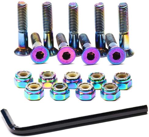 Skateboard Hardware 9PCS Bolts Set Deck Mounting Screws Nuts Hex Key Skate Parts Outfits Dazzling Color Fasteners Longboard Cruiser Best Mounting 1-1/4", 1", 7/8" in Saudi Arabia