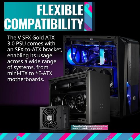 Cooler Master V850 SFX Gold ATX3.0 مصدر طاقة وحدات كامل، 850 وات SFX، 80+ ذهبي، موصل 90 درجة 12VHPWR PCIe 5.0، دعامة SFX-to-ATX، مروحة صامتة، ضمان 10 سنوات (MPY-8501-SFHAGV-3US) in Kuwait