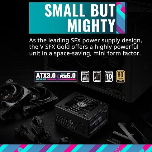 Cooler Master V850 SFX Gold ATX3.0 مصدر طاقة وحدات كامل، 850 وات SFX، 80+ ذهبي، موصل 90 درجة 12VHPWR PCIe 5.0، دعامة SFX-to-ATX، مروحة صامتة، ضمان 10 سنوات (MPY-8501-SFHAGV-3US) in Kuwait