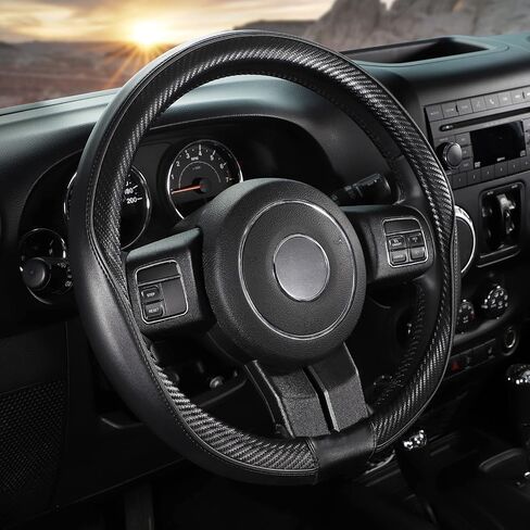SEG Direct Car Steering Wheel Cover Universal Standard-Size 14 1/2"-15" Leather with Carbon Fiber Pattern Black in Saudi Arabia