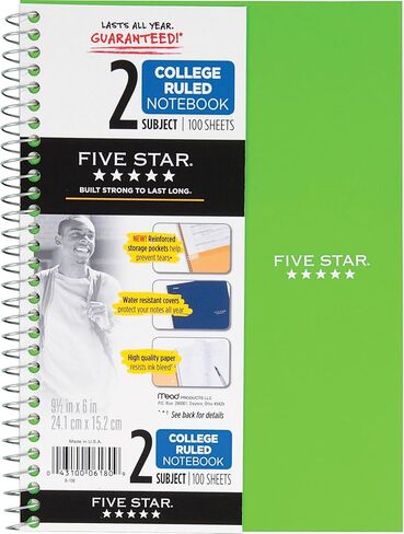 Five Star Spiral Notebook, 2 Subject, College Ruled Paper, 100 sheets, 9-1/2" x 6", Yellow (06180AC6) in Saudi Arabia