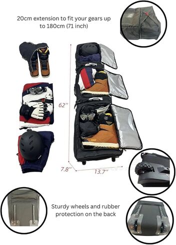 JEI Rollie Snowboard/Ski Bag *UPGRADED* – Multipurpose Travel Bag on Wheels (up to 180cm) – Holds Board, 2 Pairs of Skis, Boots, Helmet, and other gear – With Backpack Straps in Saudi Arabia