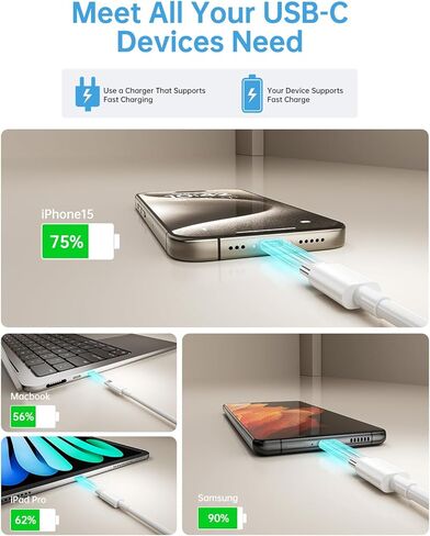 كابل شاحن USB C كابل USB C إلى USB C (5 حزم، 6 أقدام، 60 وات/3 أمبير) كابل شاحن iPhone 15 شحن سريع لهاتف iPhone 15 Pro Max Plus، iPad Mini 6/ Pro 2021، iPad Air 4، MacBook Pro 2020، Samsung Galaxy S23 يُحوّل in Kuwait