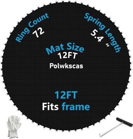 حصيرة القفز الترامبولين، حصيرة بديلة للترامبولين تناسب إطار بطول 12 قدمًا، مع 72 حلقة على شكل حرف V تناسب مقاس 5.5 بوصة، معززة، مقاومة للأشعة فوق البنفسجية، مع خطاف زنبركي وقفازات، لا تشمل الزنبرك in Kuwait