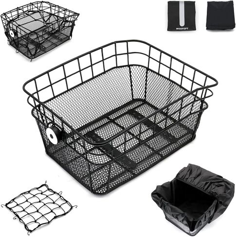 سلة الدراجة الخلفية مع 2 أغطية مقاومة للمطر وإضاءة خلفية وشبكة شحن مقاومة للماء من الأسلاك المعدنية لسلة الدراجة الخلفية تناسب معظم حامل الدراجة الخلفية سلة خلفية للدراجة WOOFOPT in Kuwait