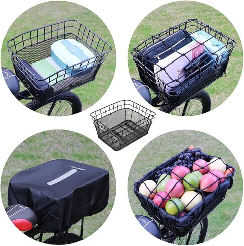 سلة الدراجة الخلفية مع 2 أغطية مقاومة للمطر وإضاءة خلفية وشبكة شحن مقاومة للماء من الأسلاك المعدنية لسلة الدراجة الخلفية تناسب معظم حامل الدراجة الخلفية سلة خلفية للدراجة WOOFOPT in Kuwait