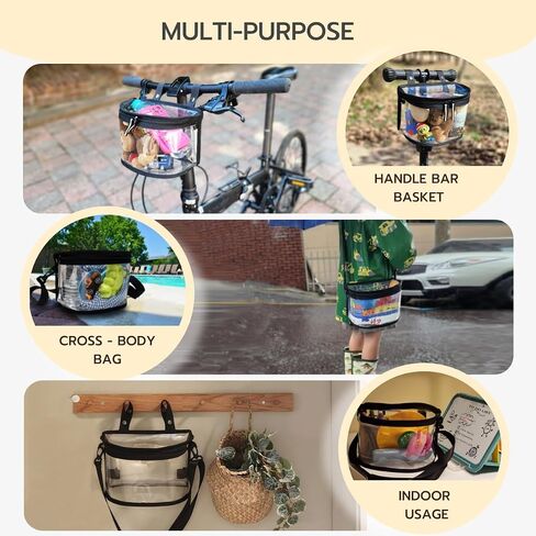 Kids Bike Basket - Transparent Bicycle, Scooter Handlebar Front Bag - Convert to Stadium Approved Crossbody Bag (Black) in Saudi Arabia